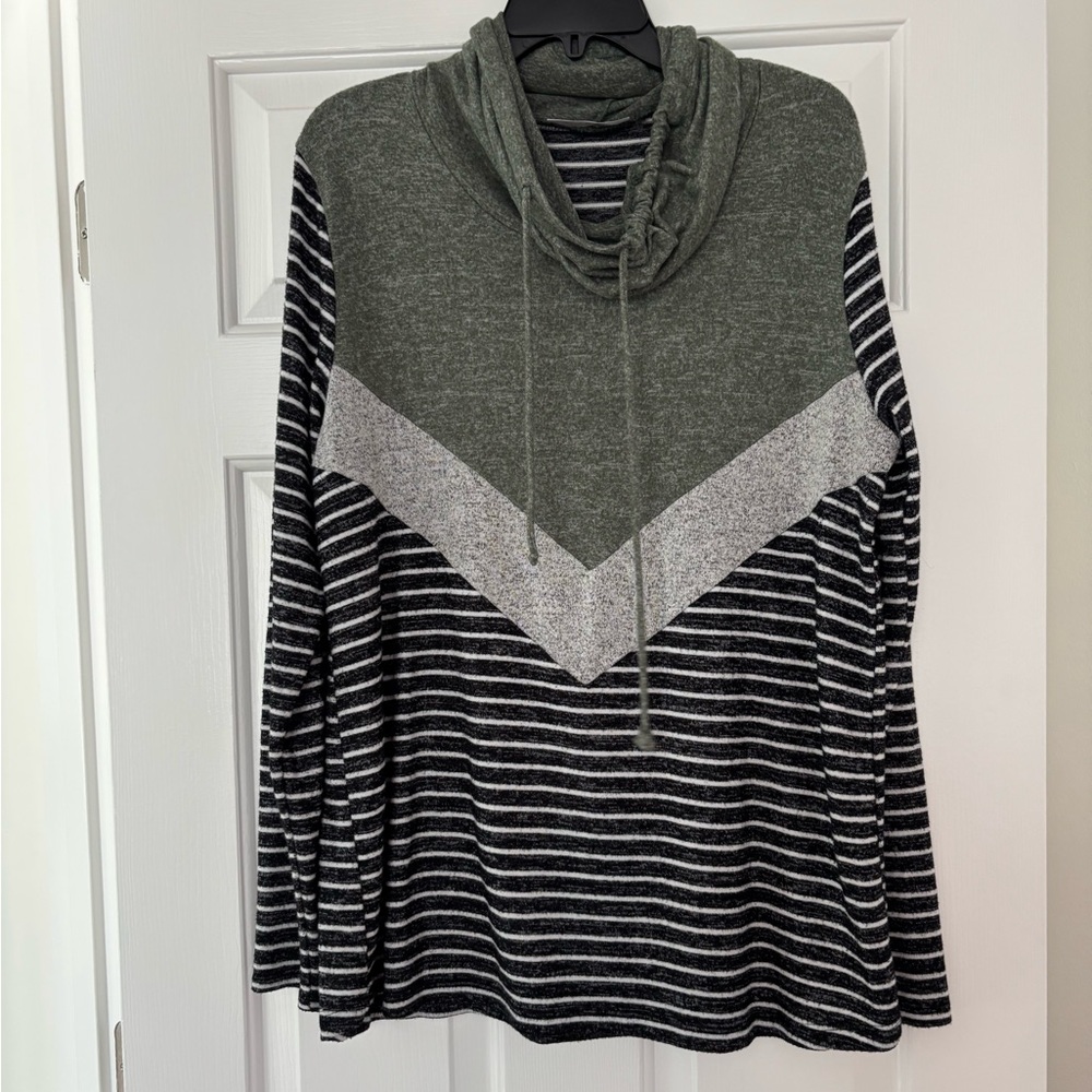 Striped Cowl Neck Sweater - Green and Gray